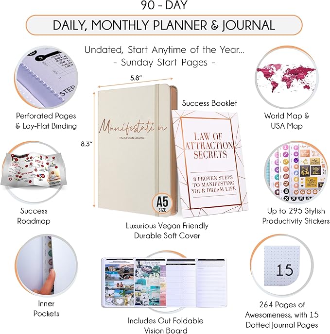 Gratitude Journal for Women & Men - 5 Minute Self Care Journal | 90-Day Undated Daily Planner for Positivity, Affirmations & Manifestation | Guided Mindfulness, Reflection | Vision Board + Stickers