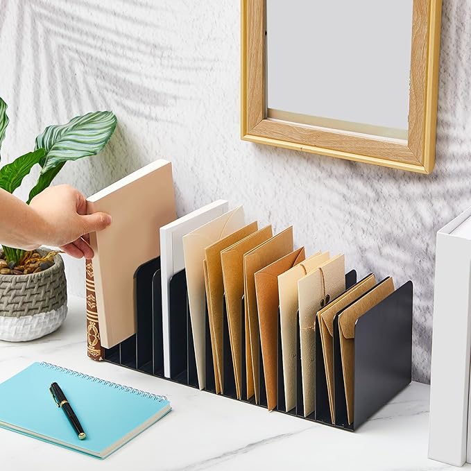 Suzile Metal Desktop File Organizer, 15 Compartments, Vertical File Sorter, Black, 5.79" W x 15.75" L x 5.41" H, Office, Reception Areas, Workspace