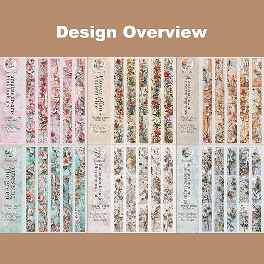 Vintage Floral Washi Tape Set – 6 Rolls, 2M Non-Repeating Flower Collage Designs, Decorative Craft Tape for Scrapbooking, Journals, Planners with Accessory Clip Included