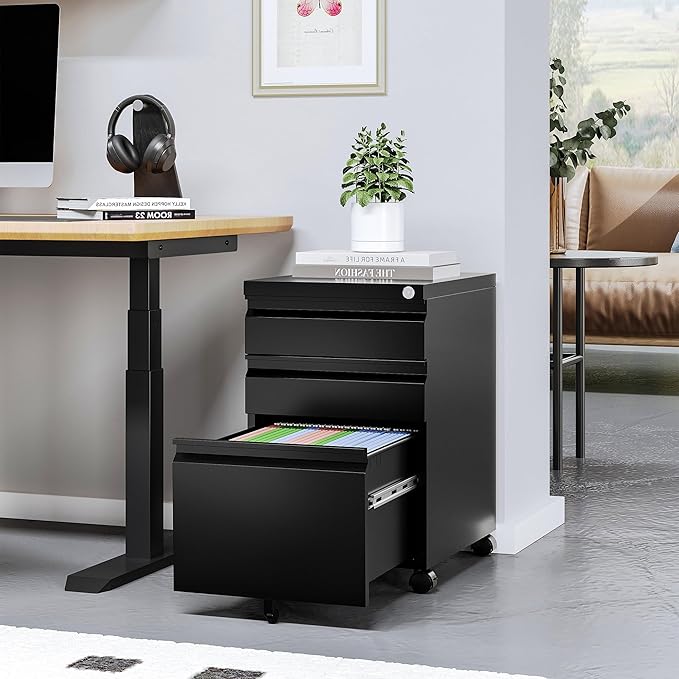 STANI 3 Drawer Mobile File Cabinet with Lock Under Desk Metal Filing Cabinet Locking Office Mobile Cabinet with Wheels Under Desk Office Drawers Rolling Mobile File Cabinet Assembly Required Black