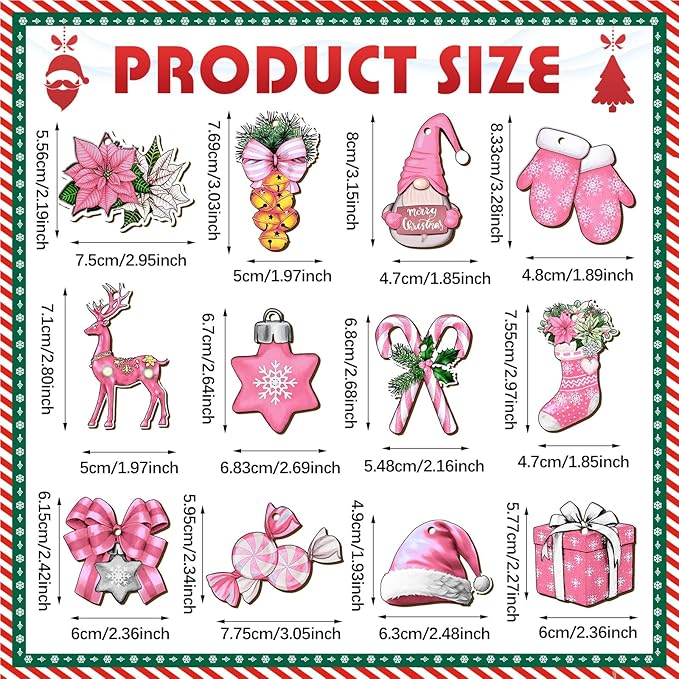 Huwena 36 Pcs Pink Christmas Wooden Ornaments Pink Christmas Decorations for Tree Snowman Gnomes Poinsettia Flowers Truck Wreath Wood Cutouts Tags with Ropes Winter Decor for Xmas Tree Gifts