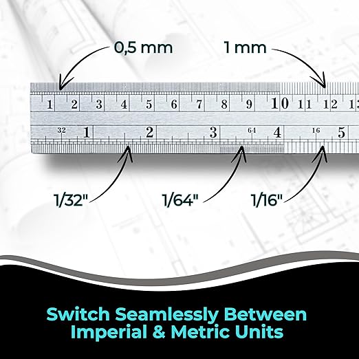 NOKKO Metal Ruler 12 Inch - Pack of 10 - Measuring Set of 12-Inch / 30 cm Stainless Steel Rulers with Imperial & Metric Measurements & Conversion Table - Metal Straight Edge Ruler for Cutting