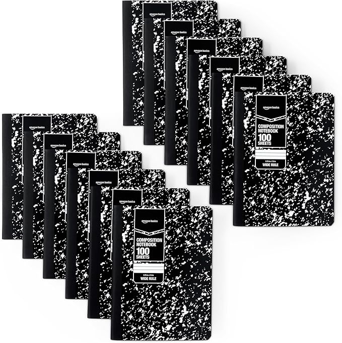 Amazon Basics Composition Notebook, Wide Ruled, 100 Sheets, 12 pack, Marble Black, 9.75" x 7.5"