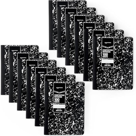 Amazon Basics Composition Notebook, Wide Ruled, 100 Sheets, 12 pack, Marble Black, 9.75" x 7.5"