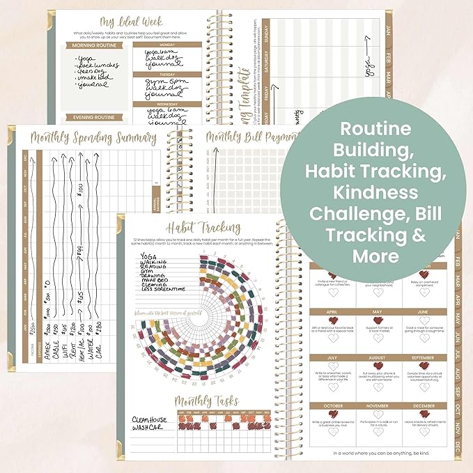 bloom daily planners HARDCOVER 2026 Planner (January to December) - A5 Task Goal Organizer - Monthly & Weekly Inspirational Agenda Book - 5.5" x 8.25" - Linen, Green