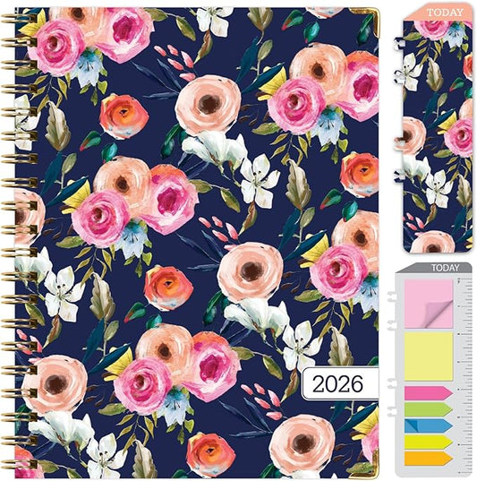 HARDCOVER 2026 Planner, 8.5"x11": 14 Months (November 2025 - December 2026), Daily Weekly Monthly Planner, Yearly Agenda, Bookmark, Pocket Folder and Sticky Note Set (Small Navy Floral)
