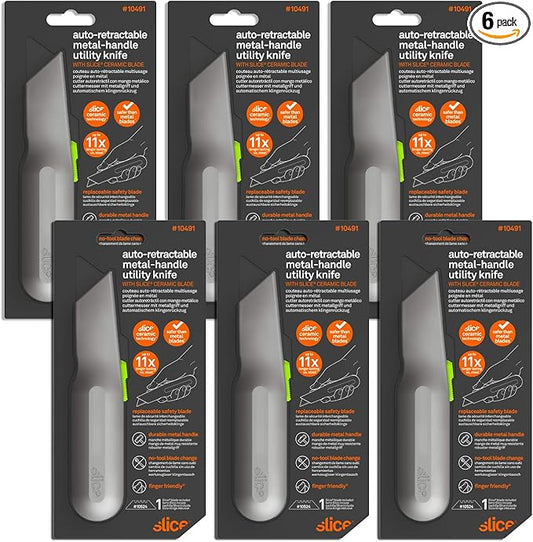 Slice 10491 Metal-Handle Utility Knife, Finger Friendly Ceramic Blade, Auto Retracts for Safety, Heavy Metal Handle, Comfortable Grip, Stores Extra Blade, Ambidextrous, Easy Blade Change - 6 Pack