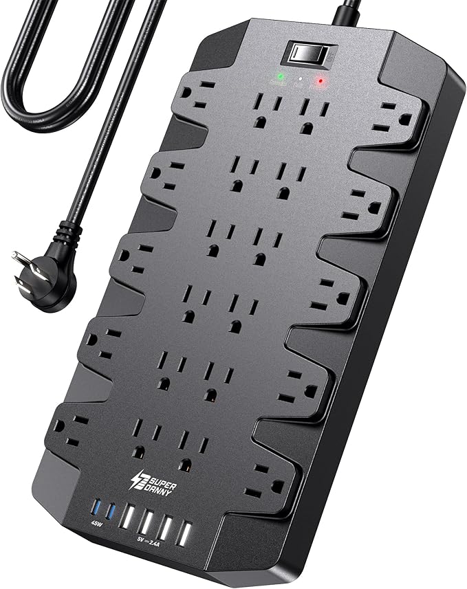 PD 45W Fast Charging Power Strip Surge Protector with 22 Outlet + 6 USB Port, SUPERDANNY 1875W/15A, 2100J, 6.5ft 45° Plug Mountable Extension Cord for Home,Office,Dorm,Gaming,PC,Streaming