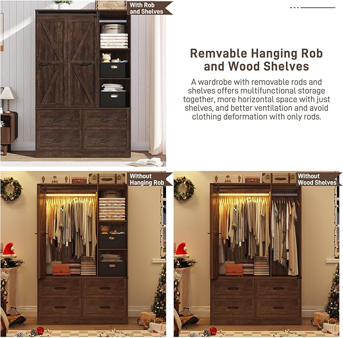 Farmhouse 3 Doors Armoire Wardrobe Closet w/Folding Sliding Barn Door and Lights, LED Armoire Closet w/Drawers for Bedroom, Freestanding Wooden Wardrobe Storage Closets w/Hanging Rod,Rustic Brown