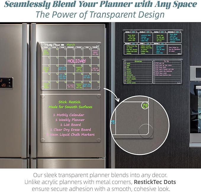 Clear Non-Magnetic Calendar Set for Fridge - Dry Erase Transparent Monthly and Weekly Calendar, List and Blank Whiteboard - Sticks to Wall, Glass, Door, Any Smooth Surfaces