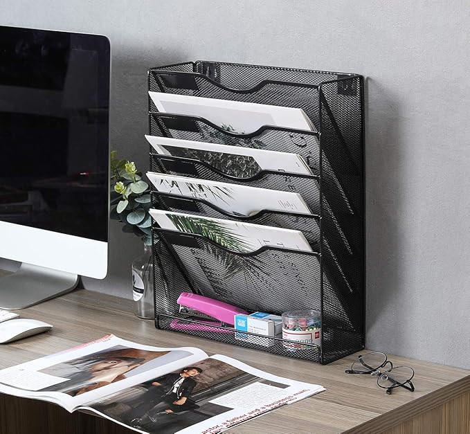 EasyPAG 5-Tier Wall File Holder, Mesh Hanging Folder Organizer with Classify Label, Versatile Desk File Organizer for Office Home, Space-Saving Vertical Wall Mounted Mail Paper Sorter, Black
