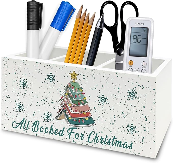 Christmas Book Tree Pen Pencil Holder Organizer for Desk, All Booked for Christmas Wooden Box Signs Decorations for Library Home Office Desk Tabletop, Book Lover Gifts