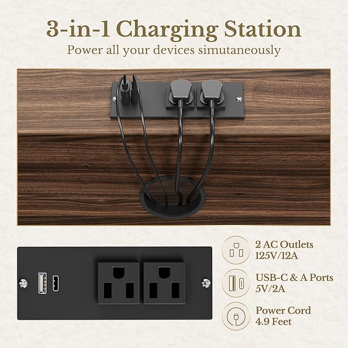 2 Drawer File Cabinet with Lock, 63'' Wood Lateral File Cabinet, Compatible Letter and A4 Size, Fluted Filing Cabinet for Home Office with AC/USB, Adjustable Storage Shelves, Black Walnut