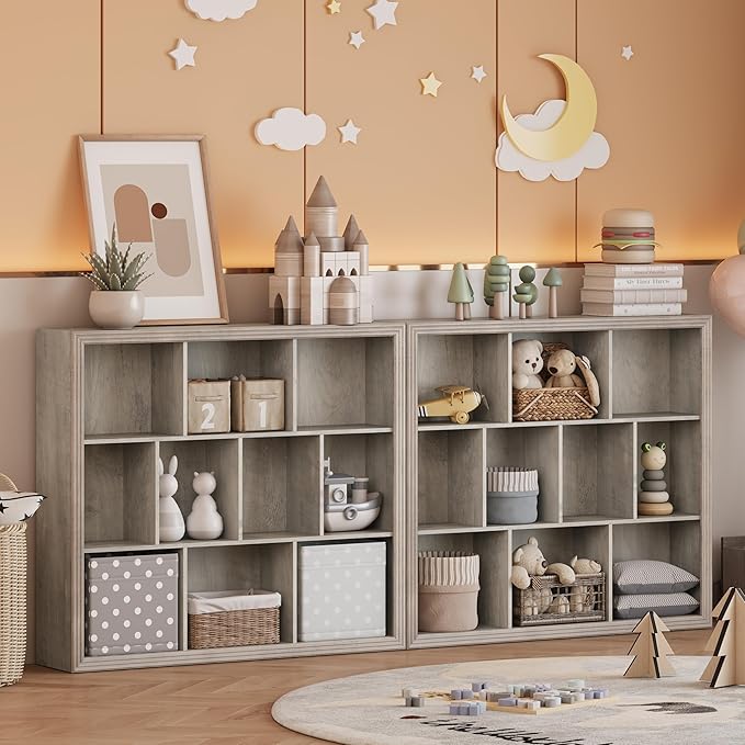 Wooden 10-Cube Storage Organizer, 3-Tier Bookshelf, Wood Grey Bookshelf, Bookcase, Cubical Storage Shelf with 3 Removable Back Panels for Bedroom Home and Office