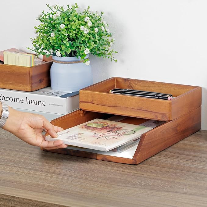 Demigo Desk Organizer Letter Tray Set of 2, Acacia Wood Tabletop Desktop for Storage Paper Letter Folders Notebooks Copy Print, Workspace Holder, Keep Stationery Saver (Brown)