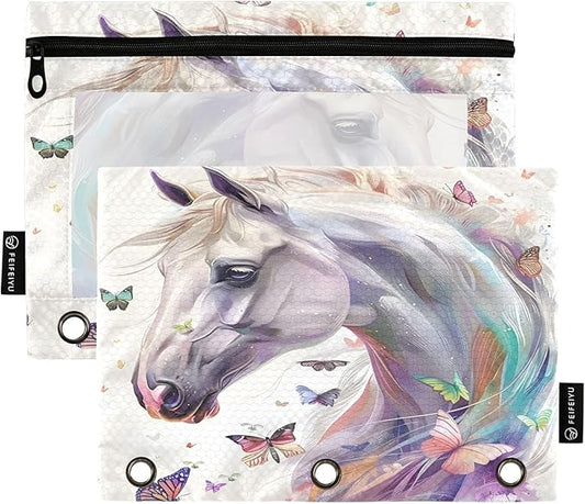 White Horse Butterflies Pencil Pouch for 3 Ring Binder, 2 Pack Waterproof Pencil Bags Clear Window Zipper School Office Supplies