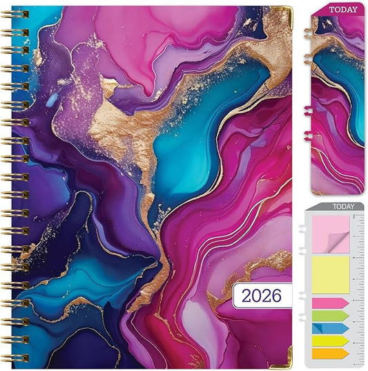 HARDCOVER 2026 Planner, 8.5"x11": 14 Months (November 2025 - December 2026), Daily Weekly Monthly Planner, Yearly Agenda, Bookmark, Pocket Folder and Sticky Note Set (Pink Purple Marble)