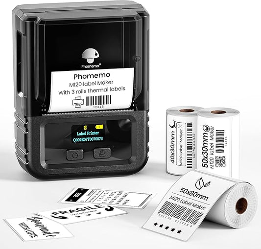 Phomemo Label Maker, 2 Inch Bluetooth Themal Label Printer with 3 Rolls Thermal Paper(4030/5030/5080mm), Inkless Labeler for Home, Bussiness, School, Office, Address, Sticker Printer for Phone & PC
