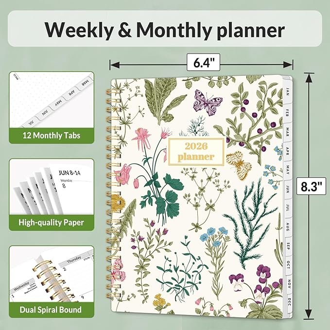 SUNEE Planner 2026 Weekly and Monthly, January 2026-December 2026, 6.4"x8.3", Tabs, Note Pages,Spiral Binding, Flora