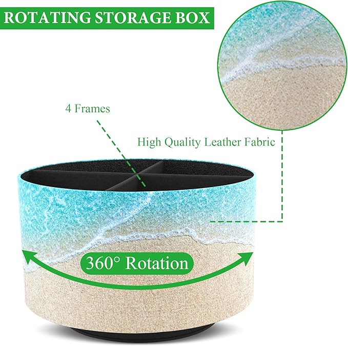 Hennaja Round Leather Art Supply Organizer,Remote Control Holder,360 Degree Rotating,Multi-Functional Pencil Holder,4 Compartments Desktop Stationary Organizer(1-Sandbeach)