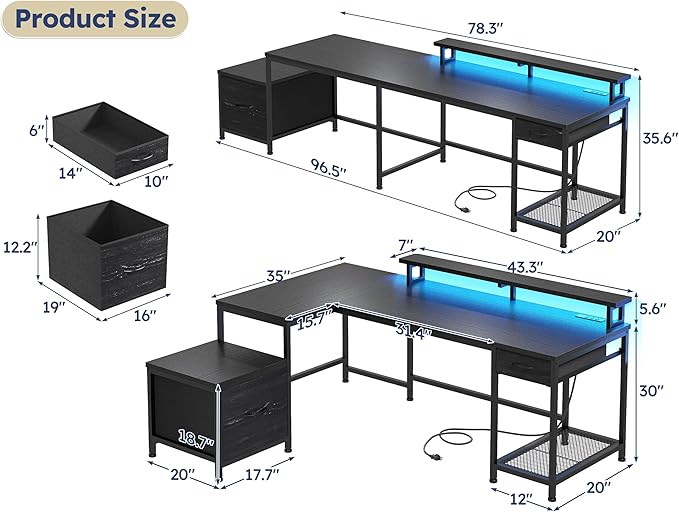 L Shaped Computer Desk with Drawers, Gaming Desk with LED Lights & Monitor Shelf, Office Desks with Power Outlets, Corner Desks for Home Office, Study Room and Bedroom, Black