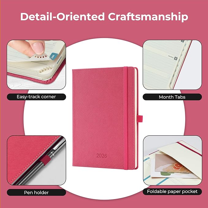 IN-LUXPRO Weekly Monthly 2026 Planner (Jan.26-Dec.26),8.5"x6.5",12 Months Agenda Plan with Month Tabs & Pocket,Expenses/Note Pages, Appointment Book Calendar with Vegan Leather Cover,Rose Red