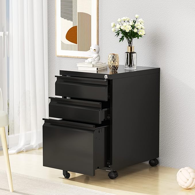 3 Drawer Mobile File Cabinet with Lock,Under Desk Storage Filing Cabinet for Home Office Fits A4 or Letter Size(Unassembled,Black)