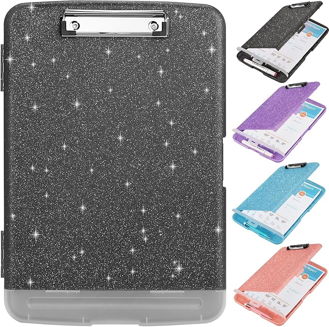 Glitter Clipboard with Storage,Storage Clipboard with Pen Holder,A4 Binder Clip Boards 8.5x11 with Low Profile Clip,Side Opening Sparkle Clipboards,Plastic Clipboards Folder for Office Supplies-Black
