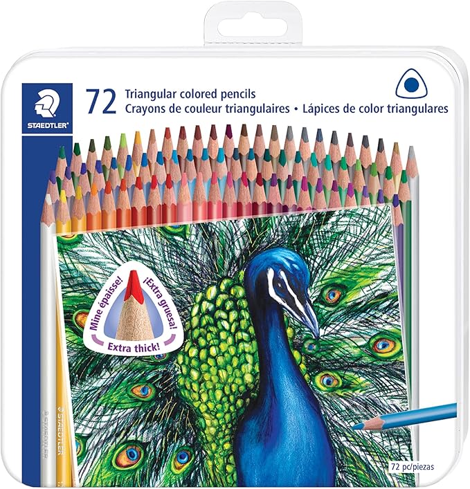 STAEDTLER Colored Pencils Set (72-Pack) - Ergonomic Triangular Barrel, Smooth 4mm Lines, Wood - 72 Vibrant Colors in Tin, for Artists & Students
