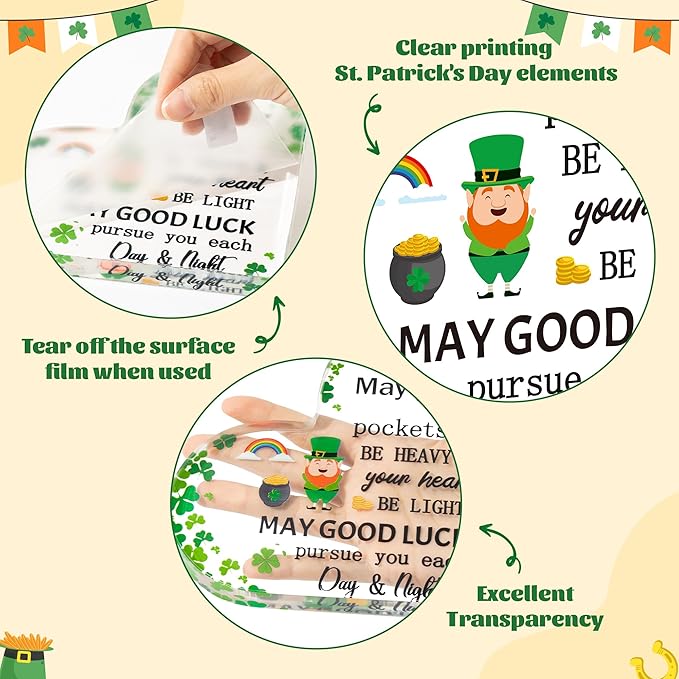 Yopyame St. Patricks Day Gifts - Irish Blessing Four Leaf Clover Acrylic Heart Sign Desk Decor May Your Pockets Be Heavy Shamrocks Keepsake Paperweight for Women Home Table Office Desk Shelf Mantle