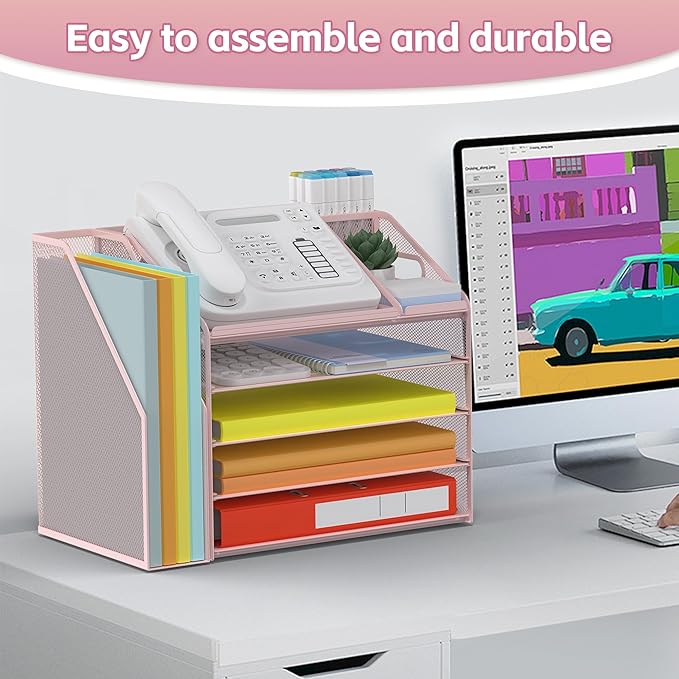 DocNest 5 Tier Paper Letter Tray File Organizer, Mesh Desk File with Handle, Workspace Desk Organizers with Pen Holder, Office Organization Storage Accessories - Pink