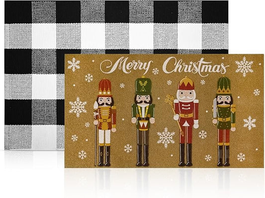 2 Pcs Christmas Welcome Doormats 30 x 17 Inch Christmas Nutcracker Coir Door Mats for Front Doors Nonslip 2-in-1 Seasonal Buffalo Plaid Rug for Holiday Outside Entrance Porch Home Decor