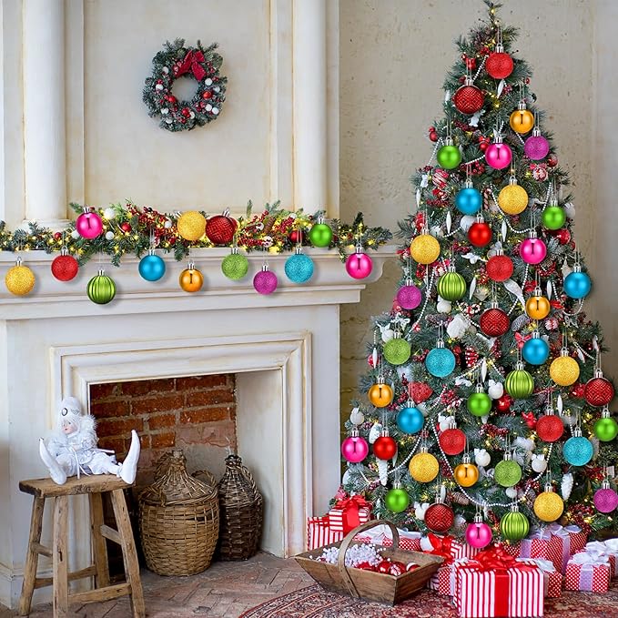 64 Pcs Neon Christmas Ball Ornaments Bright Christmas Ornaments Shatterproof Glitter Neon Red Pink Yellow Blue Green Xmas Baubles 1.6/1.97/2.4 Inch 80s 90s Christmas Ornaments for Tree Home
