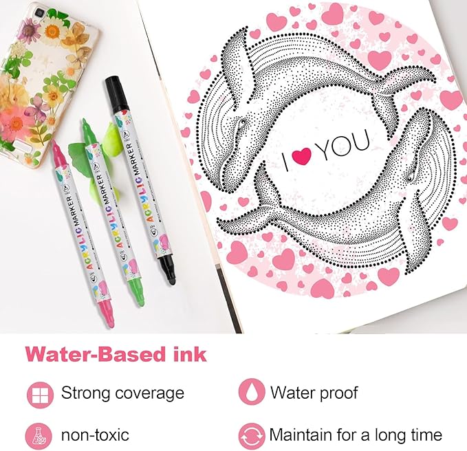 12 Colors Acrylic Paint Pens, Dual Tip Acrylic Paint Markers for Paper, Wood, Canvas, Stone, Rock Painting, Glass, Fabric, DIY, Ceramic, Art Supplies for Kids and Adults Drawing (Dot + Fine)