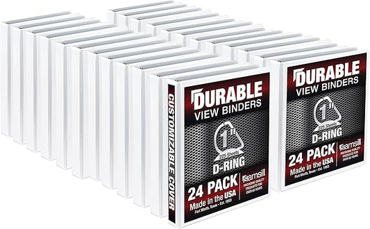 Samsill Durable 1 inch 3 Ring Binder, Made in USA, D Ring Binder, FSC 100% Recycled Chipboard, White, 24 Pack, Bulk