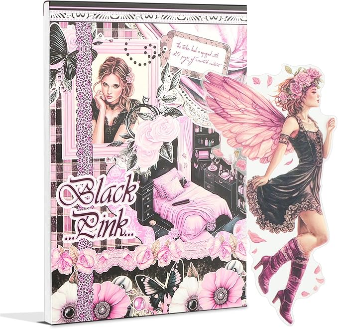 Snycler Black.Pink Theme Sticker Scrapbooking Supplies for Junk Journal, 20 Sheets PET Stickers - Vintage Journaling Stickers, Ephemera Sticker Book Pre Cut, Planner, Junk Journal Supplies