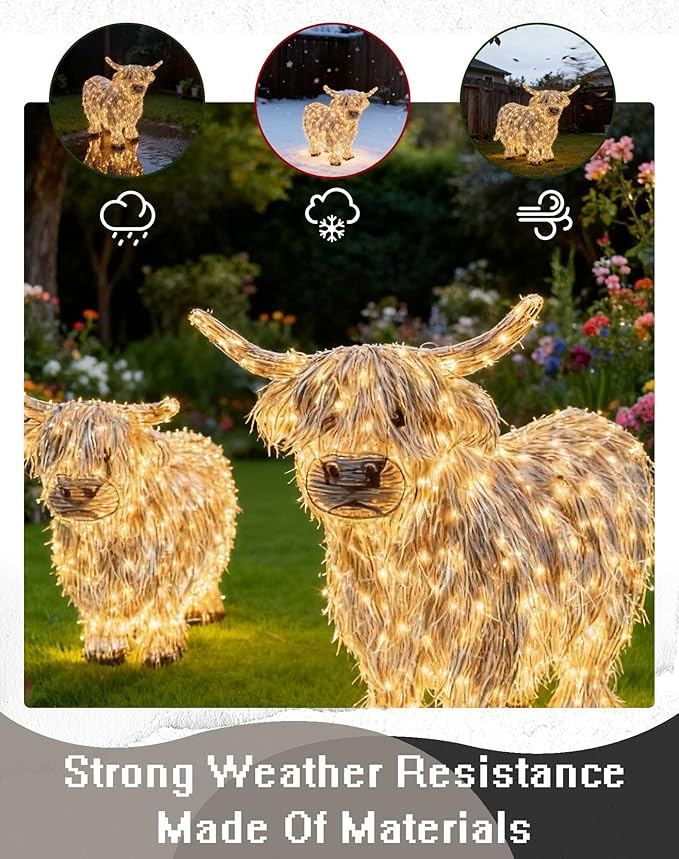 Highland Cow Christmas Decor - Cute LED Light-Up Outdoor Decorations for The Holiday Season, Highland Cow Lighted Yard Art for Front Garden, Porch, Farmhouse, Lawn (1Pcs)