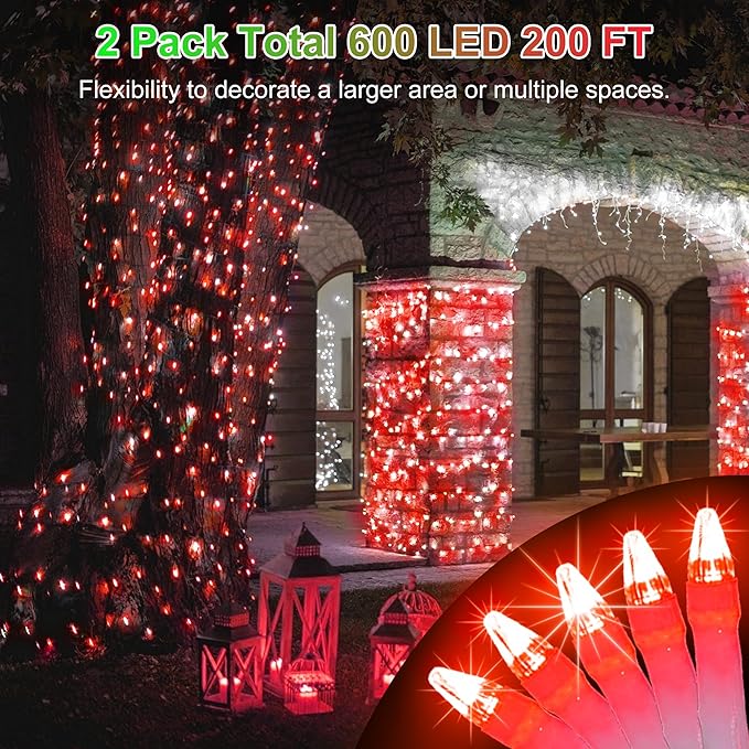 2 Pack Total 200FT 600 LED Christmas String Lights, Fairy Tree Lights Indoor Outdoor Connectable, 8 Modes & Timer LED String Lights for Bedroom, Home, Tree, Yard, Door, Wedding, Xmas Decore (Red)