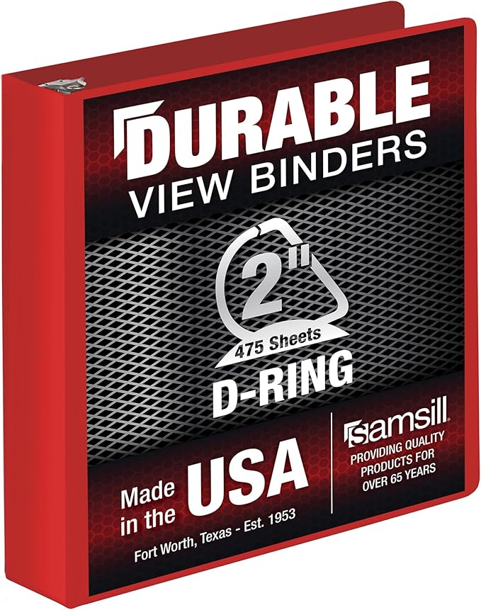 Samsill Durable 2 Inch Binder, Made in The USA, D Ring Binder, Customizable Clear View Cover, Ruby Red, Holds 475 Pages
