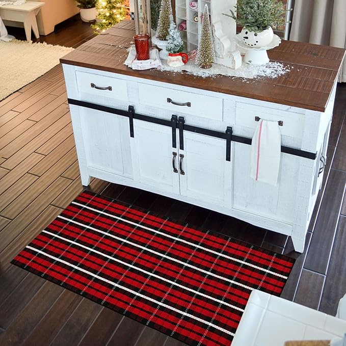 Buffalo Plaid Outdoor Rug Christmas Door Mat Christmas Decor Welcome Rug Cotton Hand-Woven Layered Door Mats for Front Porch, Kitchen, Farmhouse, Entryway (24"x51", Red/Black/White)
