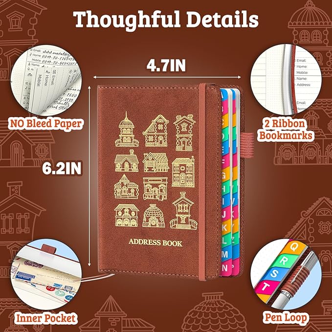 Address Book with Colorful Alphabetical Tabs (4.7" X 6.2") – Telephone Address Contact Book for Seniors, Address Book with Space for Website Address and Internet Passwords (Sienna)