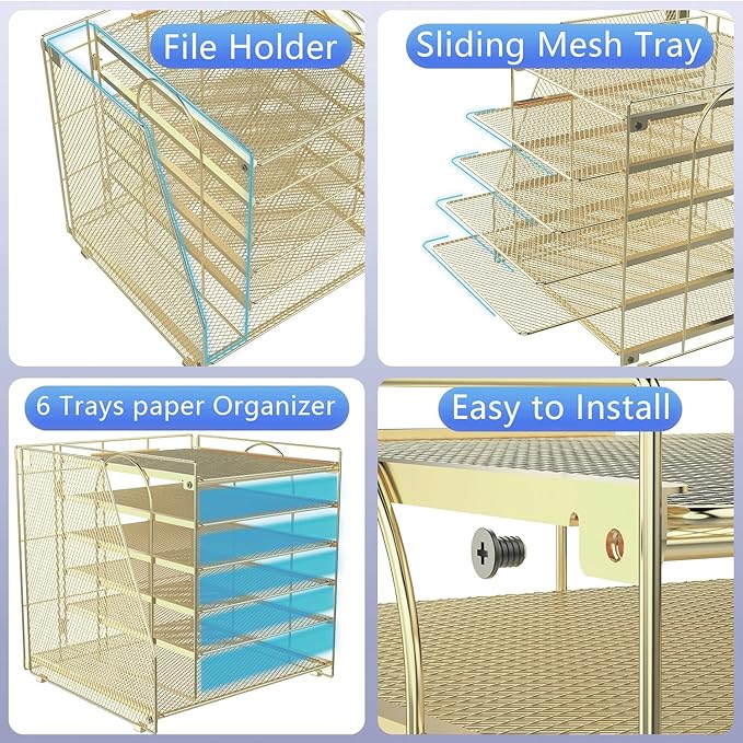 gianotter Desk Organizers and Accessories, 6-Tier Paper Organizer with Magazine rack, File Organizer for Desk, Office Accessories & Workspace (Gold)