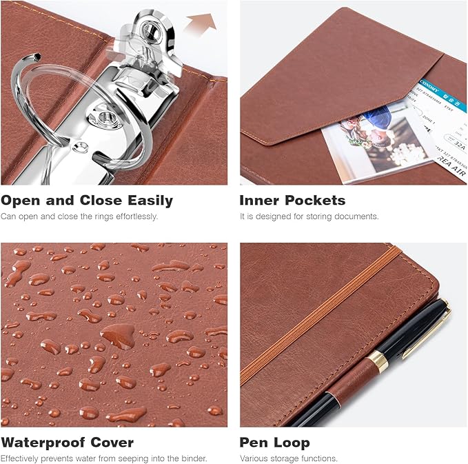 Ospelelf 3 Ring Binder with Clipboard, 1 Inch Leather, Brown, Letter Size (8.5" x 11"), 5 Tab Dividers