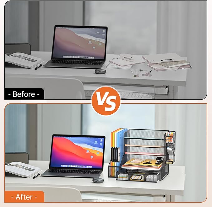 DALTACK Mesh Desk Organizer, 5-Tier Paper Letter Tray with File Holder & Pen Holder & Sliding Drawer, Desktop Organizer and Storage for Desk Accessories Office Supplies, Black