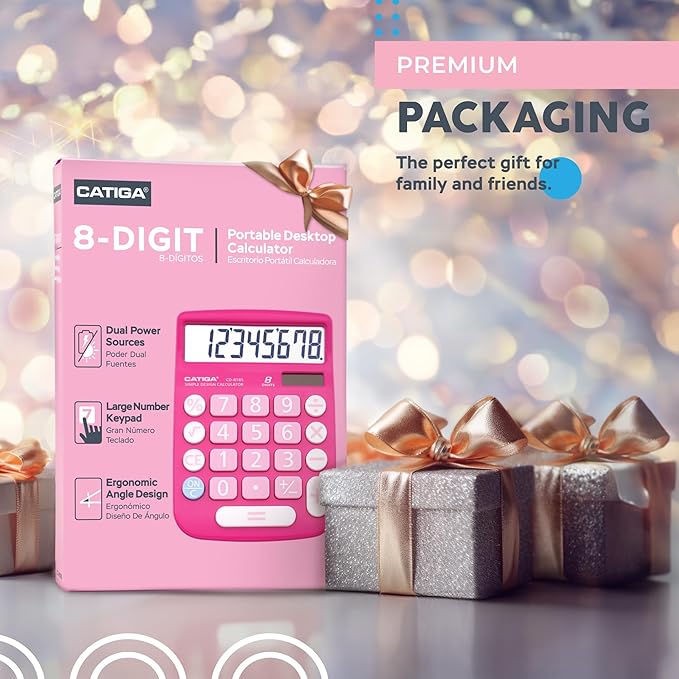 CATIGA Desktop Calculator 8 Digit with Solar Power and Easy to Read LCD Display, Big Buttons, for Home, Office, School, Class and Business, 4 Function Small Basic Calculators for Desk, CD-8185