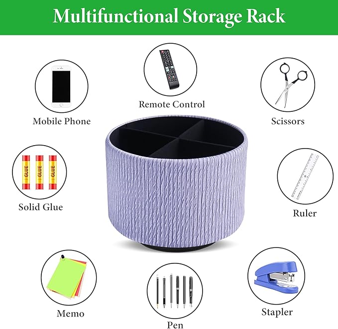 Hennaja Round Leather Art Supply Organizer,Remote Control Holder,360 Degree Spinning,Multi-Functional Pencil Holder,4 Compartments Desktop Stationary Organizer(1-Vertical Wood Purple)