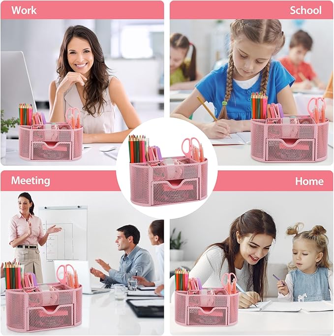Office Supplies for Desk,14pcs Pink Desk Sets and Accessories, Office Supply Kit with Mesh Desktop Organizer and Stapler,Staple Remover, Staples,Tape Dispenser,Sticky Tabs,Scissors, Ruler