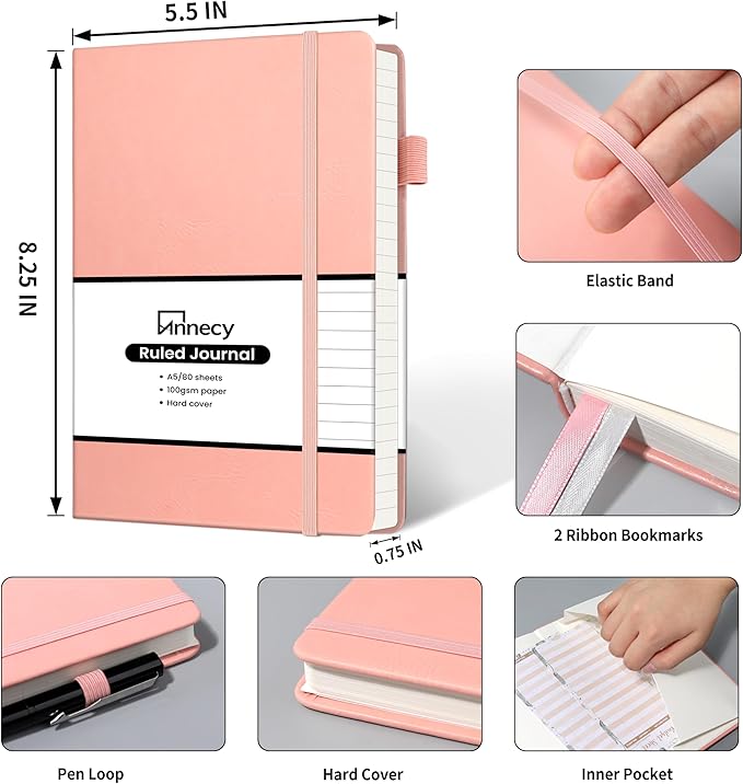 Annecy Lined Journal Notebook, Hardcover Numbered College Ruled Journal, Medium 5.5x 8.25, 160 Pages 100GSM Writing Paper, Peach Pink