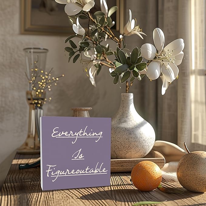Inspirational Purple Office Decor, Every Thing is Figure Outable Motivational Office Accessories Wooden Box Sign, Positive Gifts for Women, Men Wall Desk Shelf Tabletop Decoration 5x5In