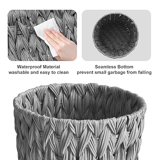 Wicker Trash Can,Small Bathroom Trash Can,Waterproof Wicker Waste Basket for Bathroom,Handwoven Wastebasket for Office,2 Gallon Grey Round